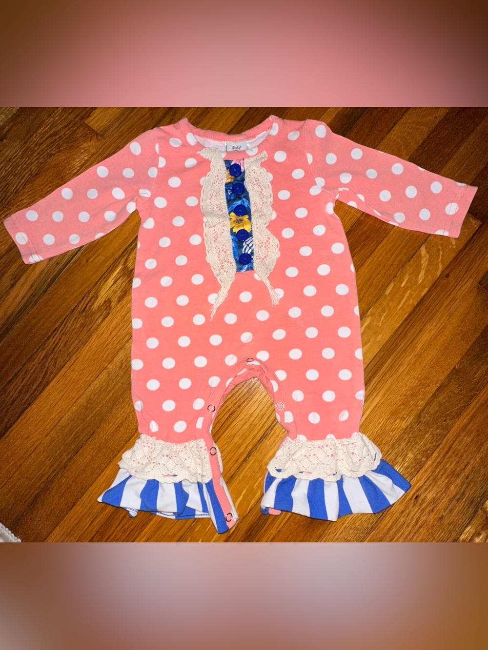 Pink Polka Dot Ruffle Baby Footie with Blue Stripe Accents